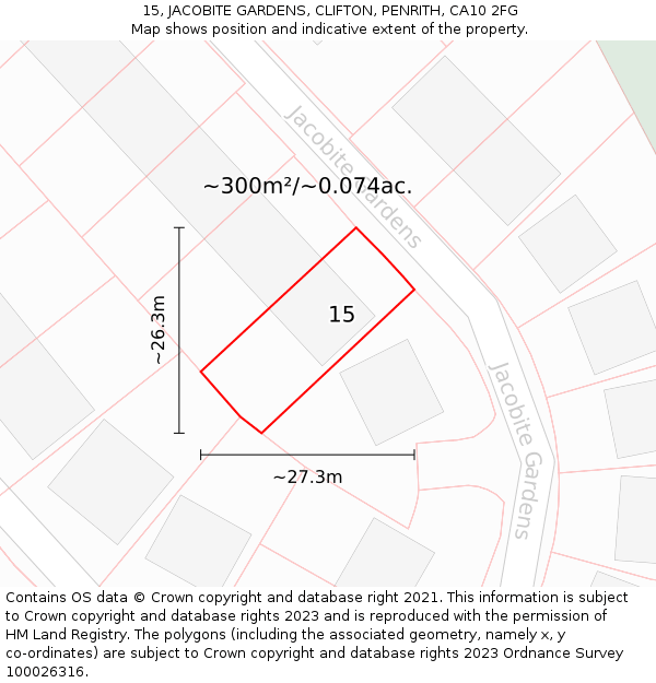 15, JACOBITE GARDENS, CLIFTON, PENRITH, CA10 2FG: Plot and title map