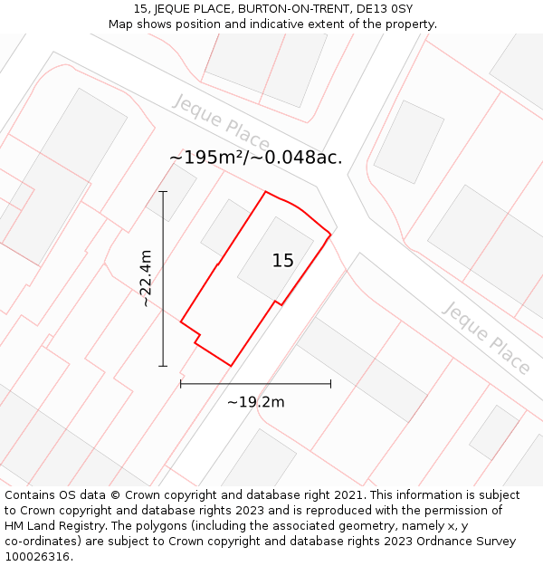 15, JEQUE PLACE, BURTON-ON-TRENT, DE13 0SY: Plot and title map