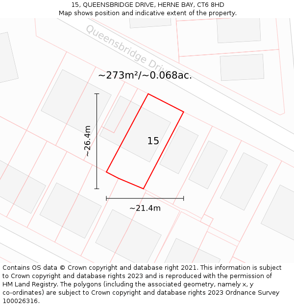 15, QUEENSBRIDGE DRIVE, HERNE BAY, CT6 8HD: Plot and title map