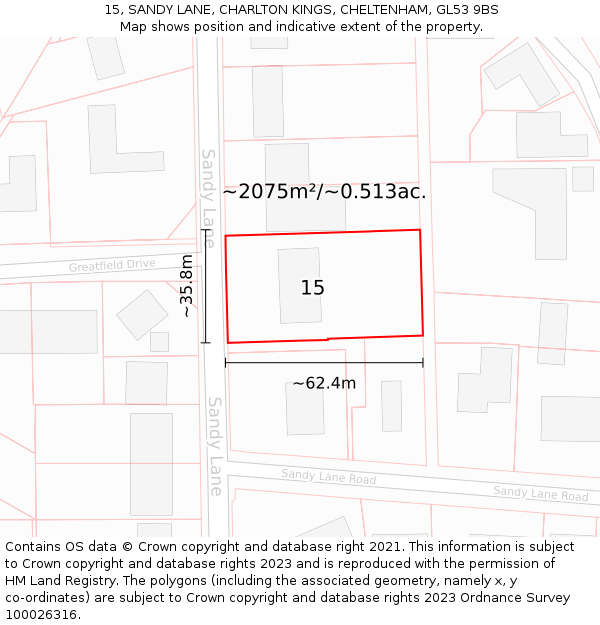 15, SANDY LANE, CHARLTON KINGS, CHELTENHAM, GL53 9BS: Plot and title map