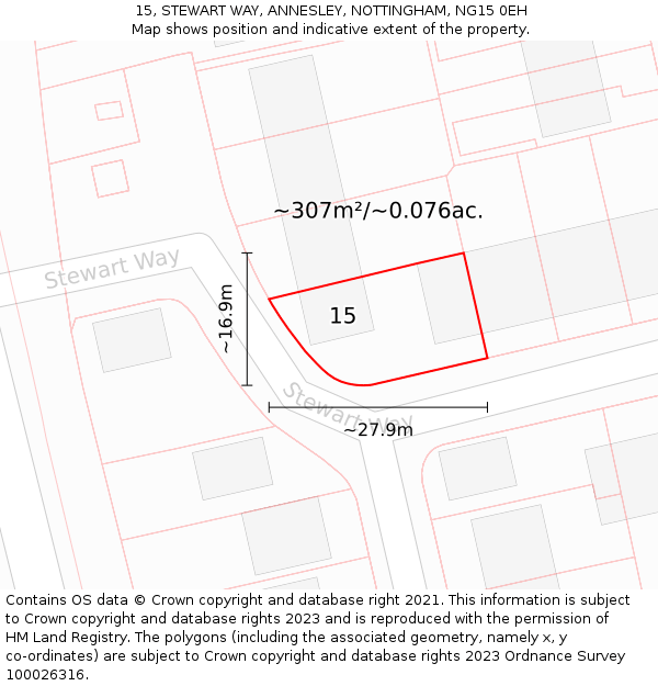 15, STEWART WAY, ANNESLEY, NOTTINGHAM, NG15 0EH: Plot and title map