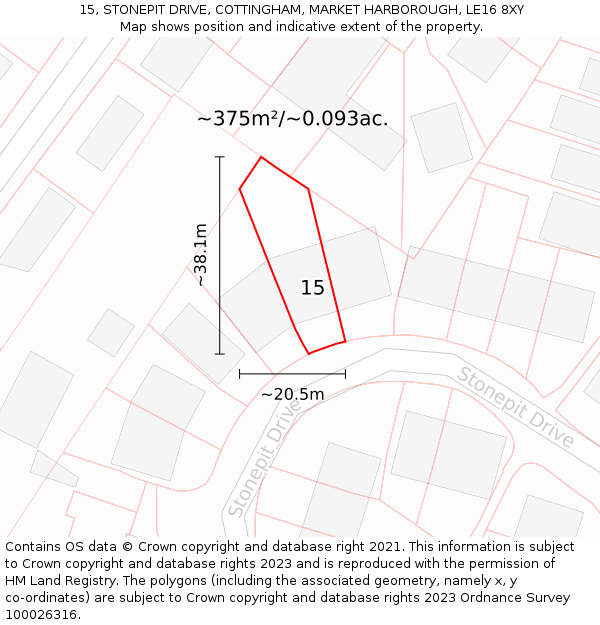 15, STONEPIT DRIVE, COTTINGHAM, MARKET HARBOROUGH, LE16 8XY: Plot and title map