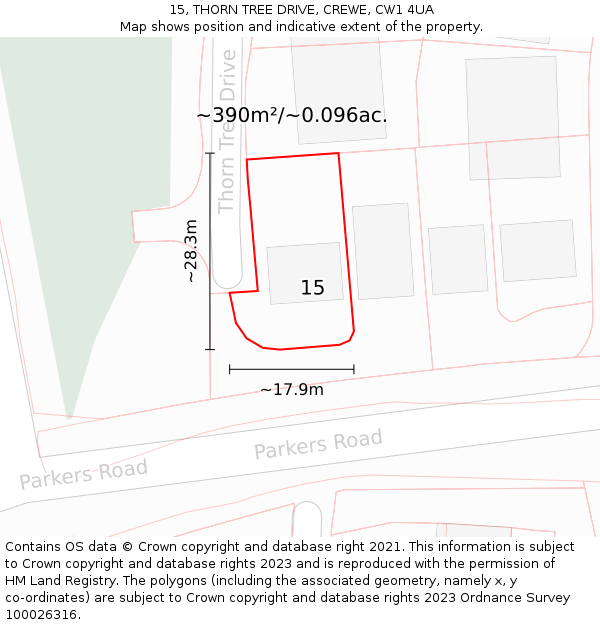 15, THORN TREE DRIVE, CREWE, CW1 4UA: Plot and title map