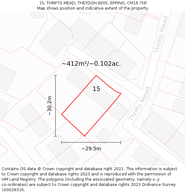 15, THRIFTS MEAD, THEYDON BOIS, EPPING, CM16 7NF: Plot and title map