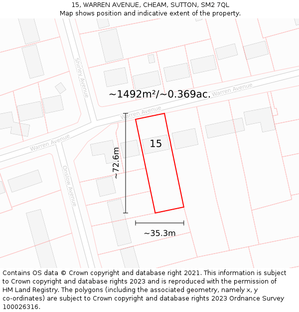 15, WARREN AVENUE, CHEAM, SUTTON, SM2 7QL: Plot and title map