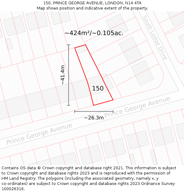 150, PRINCE GEORGE AVENUE, LONDON, N14 4TA: Plot and title map