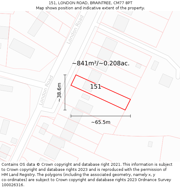 151, LONDON ROAD, BRAINTREE, CM77 8PT: Plot and title map