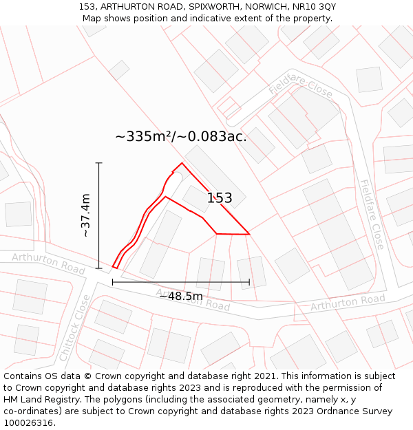 153, ARTHURTON ROAD, SPIXWORTH, NORWICH, NR10 3QY: Plot and title map