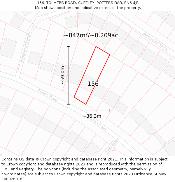 156, TOLMERS ROAD, CUFFLEY, POTTERS BAR, EN6 4JR: Plot and title map