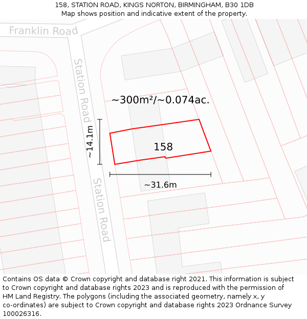 158, STATION ROAD, KINGS NORTON, BIRMINGHAM, B30 1DB: Plot and title map