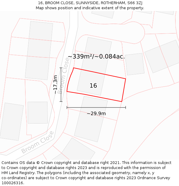 16, BROOM CLOSE, SUNNYSIDE, ROTHERHAM, S66 3ZJ: Plot and title map