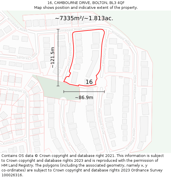 16, CAMBOURNE DRIVE, BOLTON, BL3 4QF: Plot and title map