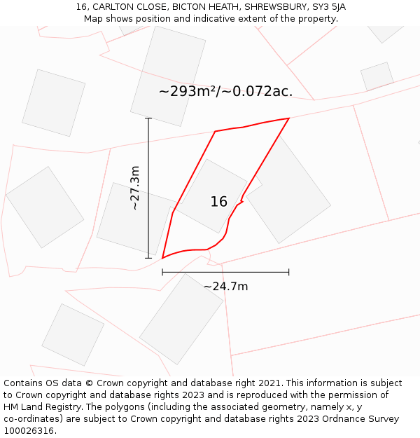 16, CARLTON CLOSE, BICTON HEATH, SHREWSBURY, SY3 5JA: Plot and title map