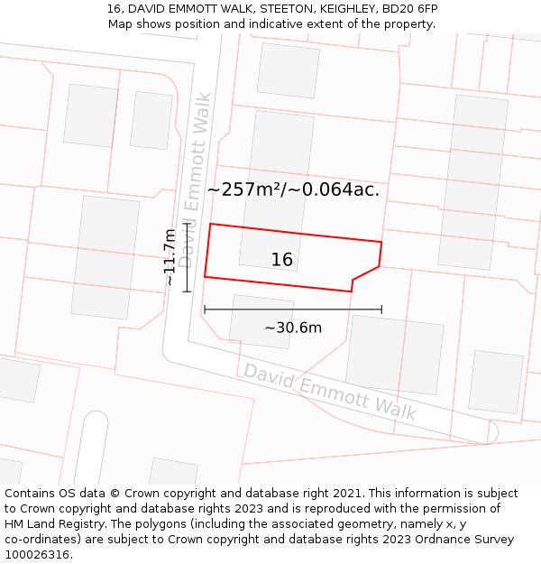 16, DAVID EMMOTT WALK, STEETON, KEIGHLEY, BD20 6FP: Plot and title map