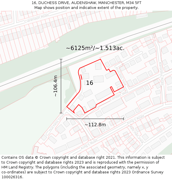 16, DUCHESS DRIVE, AUDENSHAW, MANCHESTER, M34 5FT: Plot and title map