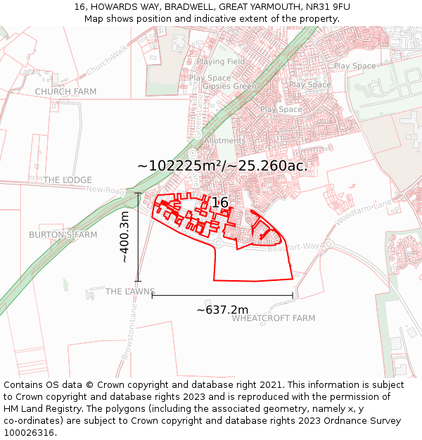 16, HOWARDS WAY, BRADWELL, GREAT YARMOUTH, NR31 9FU: Plot and title map