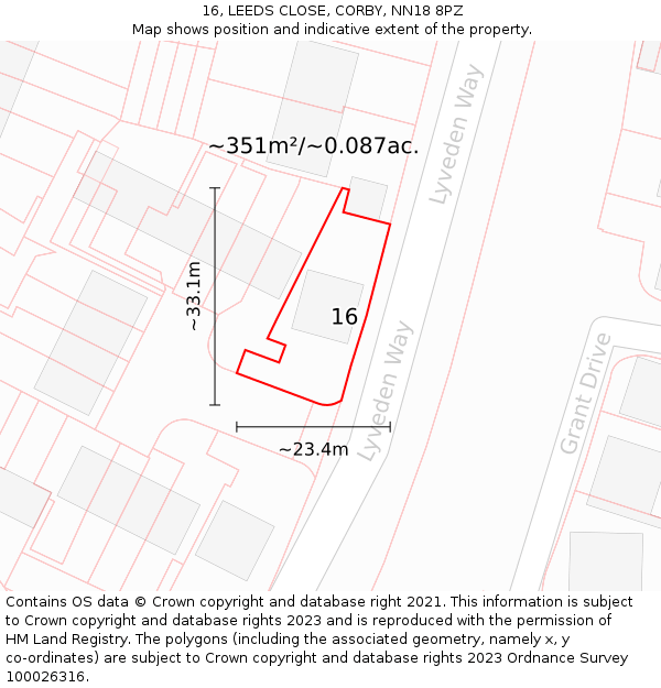 16, LEEDS CLOSE, CORBY, NN18 8PZ: Plot and title map