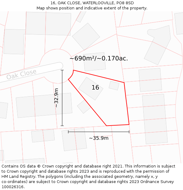 16, OAK CLOSE, WATERLOOVILLE, PO8 8SD: Plot and title map