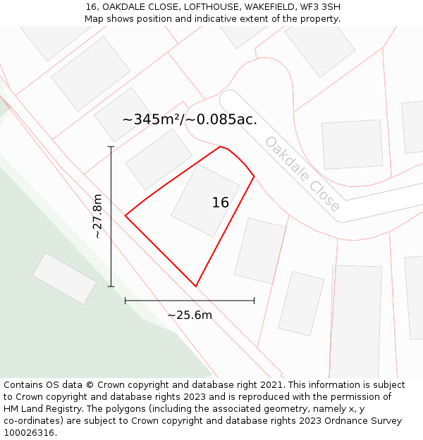 16, OAKDALE CLOSE, LOFTHOUSE, WAKEFIELD, WF3 3SH: Plot and title map