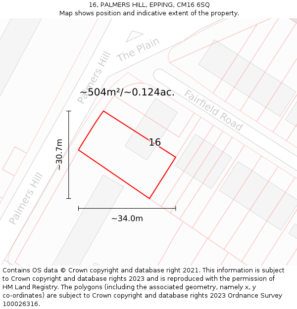 16, PALMERS HILL, EPPING, CM16 6SQ: Plot and title map