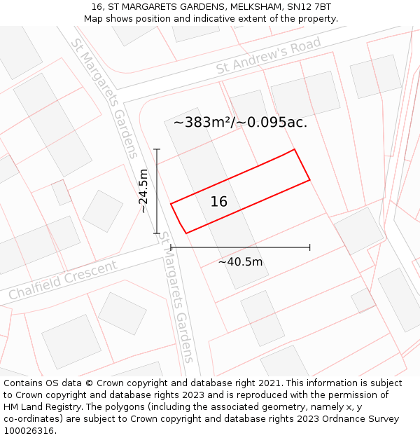 16, ST MARGARETS GARDENS, MELKSHAM, SN12 7BT: Plot and title map