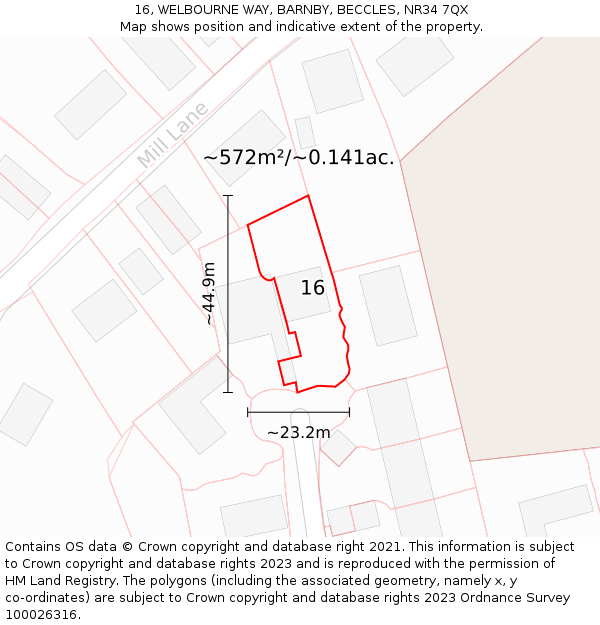 16, WELBOURNE WAY, BARNBY, BECCLES, NR34 7QX: Plot and title map