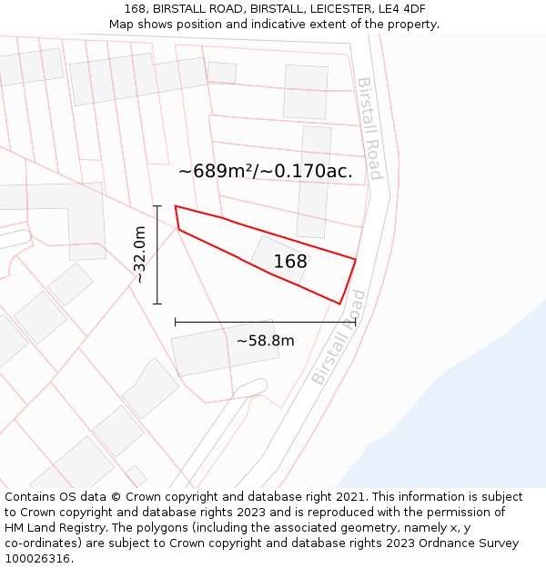 168, BIRSTALL ROAD, BIRSTALL, LEICESTER, LE4 4DF: Plot and title map