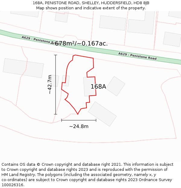 168A, PENISTONE ROAD, SHELLEY, HUDDERSFIELD, HD8 8JB: Plot and title map