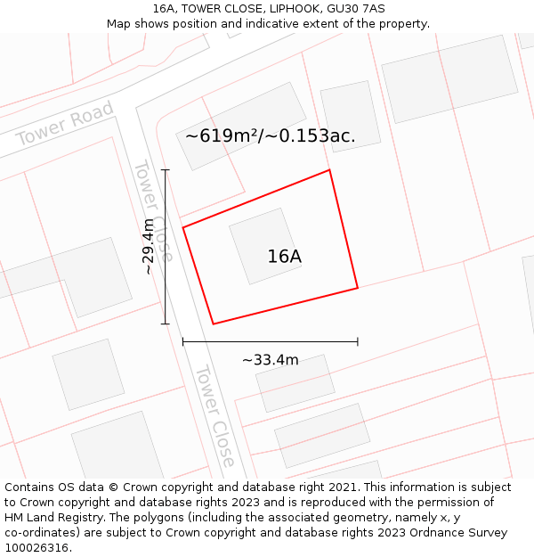 16A, TOWER CLOSE, LIPHOOK, GU30 7AS: Plot and title map