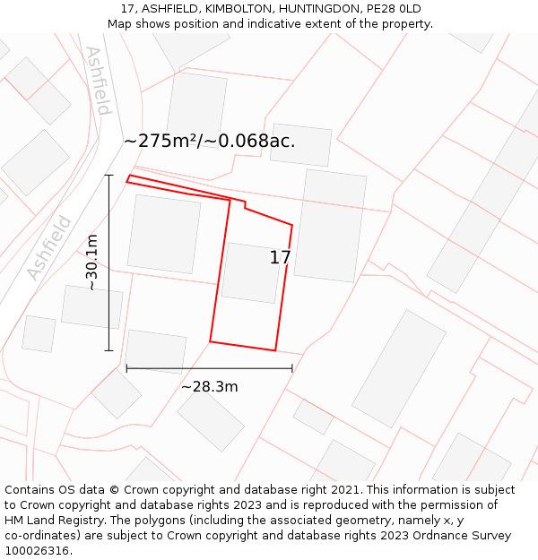 17, ASHFIELD, KIMBOLTON, HUNTINGDON, PE28 0LD: Plot and title map