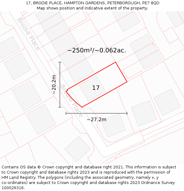 17, BRODIE PLACE, HAMPTON GARDENS, PETERBOROUGH, PE7 8QD: Plot and title map