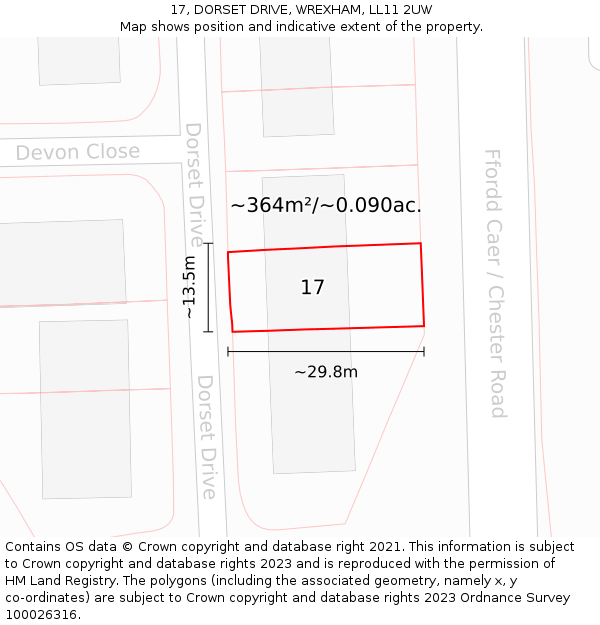 17, DORSET DRIVE, WREXHAM, LL11 2UW: Plot and title map