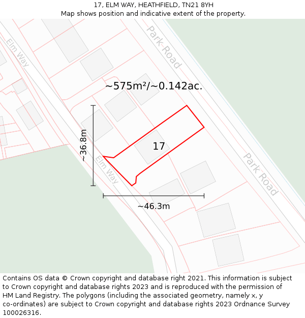 17, ELM WAY, HEATHFIELD, TN21 8YH: Plot and title map