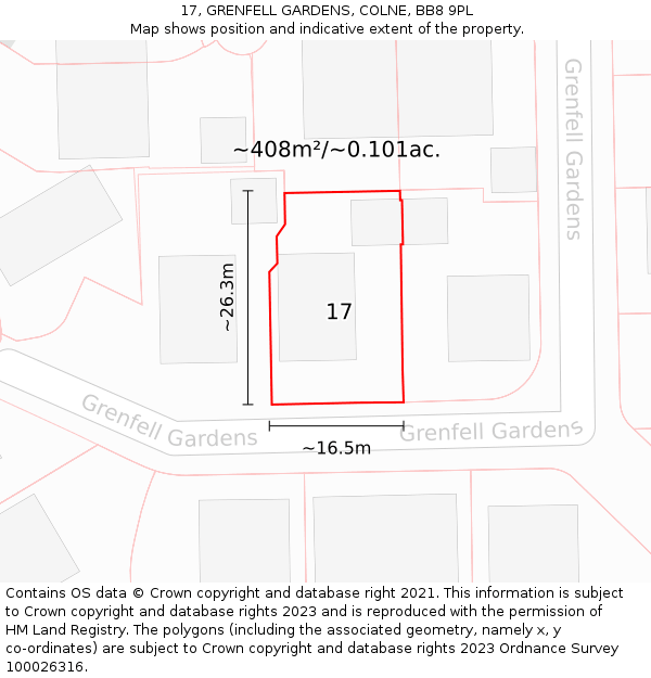 17, GRENFELL GARDENS, COLNE, BB8 9PL: Plot and title map