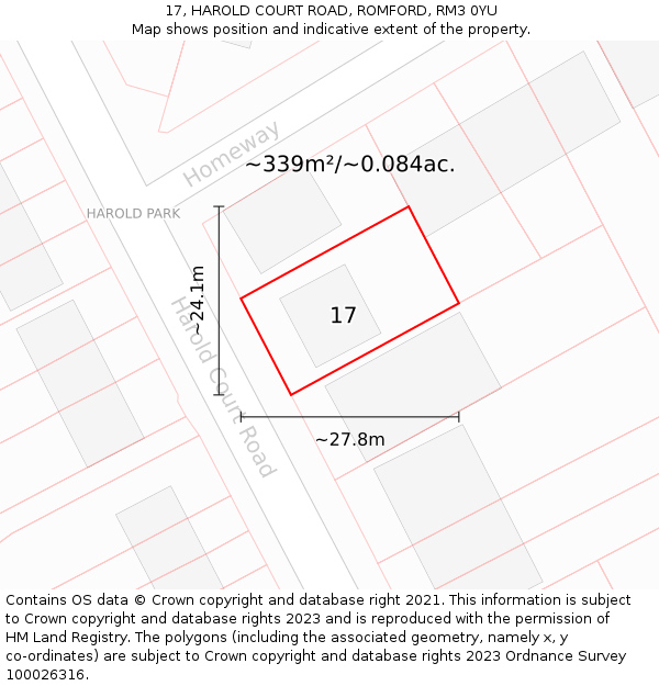 17, HAROLD COURT ROAD, ROMFORD, RM3 0YU: Plot and title map