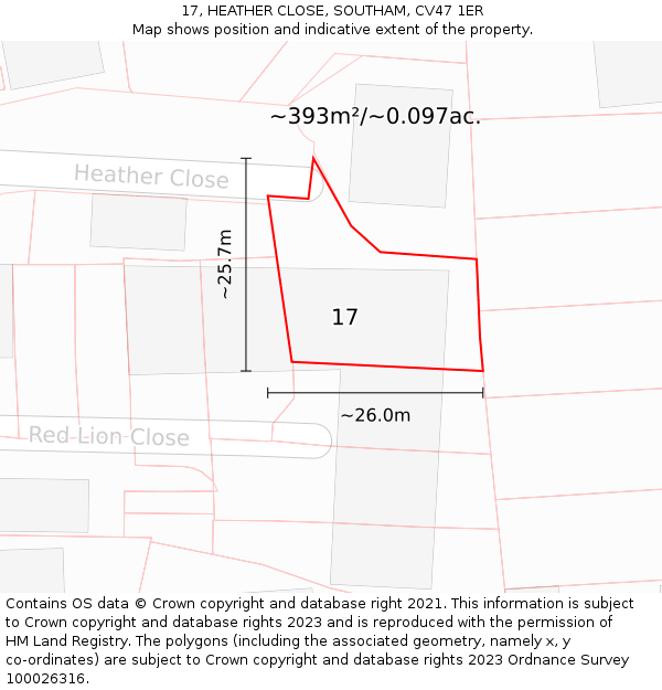 17, HEATHER CLOSE, SOUTHAM, CV47 1ER: Plot and title map