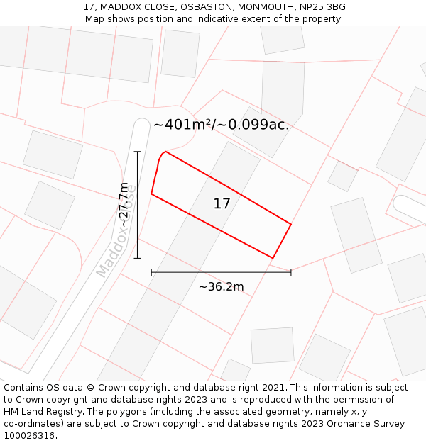 17, MADDOX CLOSE, OSBASTON, MONMOUTH, NP25 3BG: Plot and title map