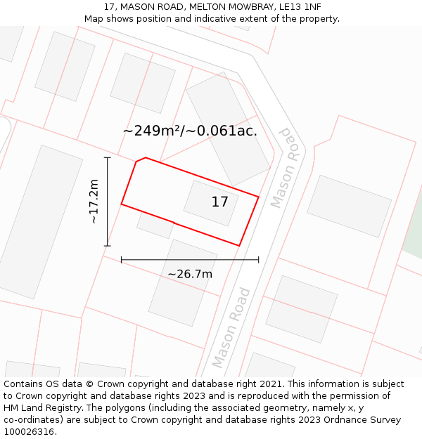 17, MASON ROAD, MELTON MOWBRAY, LE13 1NF: Plot and title map