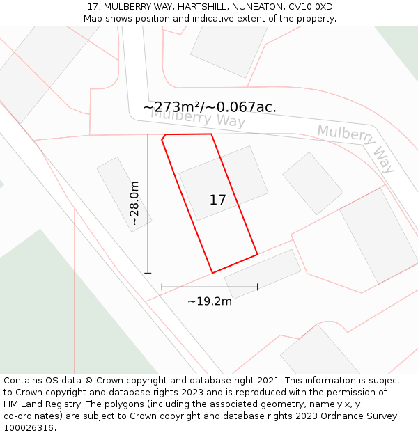 17, MULBERRY WAY, HARTSHILL, NUNEATON, CV10 0XD: Plot and title map