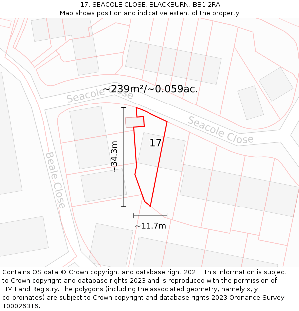 17, SEACOLE CLOSE, BLACKBURN, BB1 2RA: Plot and title map