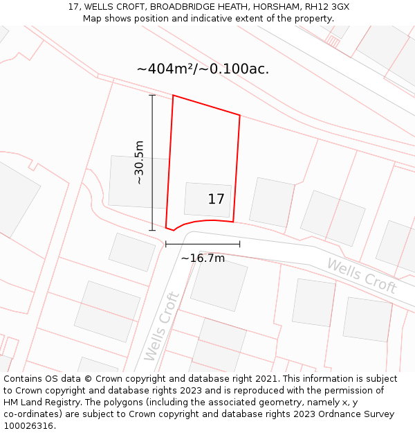 17, WELLS CROFT, BROADBRIDGE HEATH, HORSHAM, RH12 3GX: Plot and title map