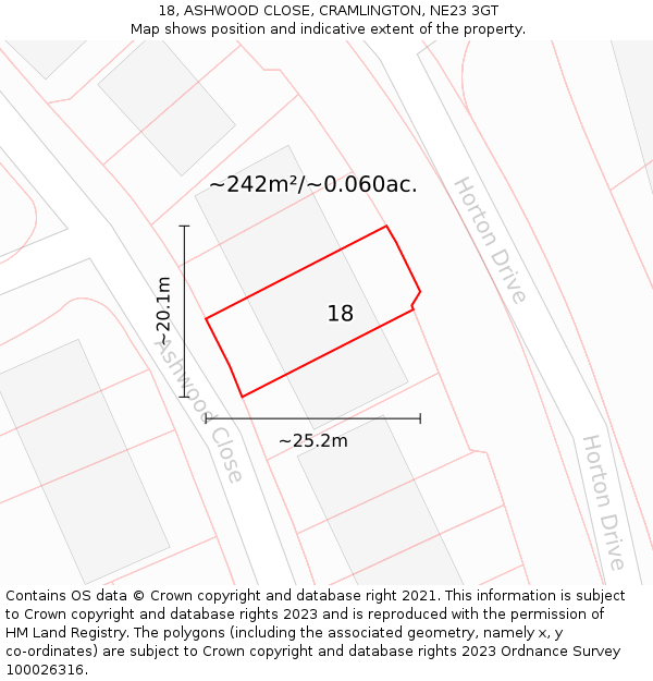 18, ASHWOOD CLOSE, CRAMLINGTON, NE23 3GT: Plot and title map