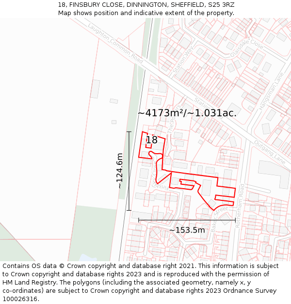 18, FINSBURY CLOSE, DINNINGTON, SHEFFIELD, S25 3RZ: Plot and title map