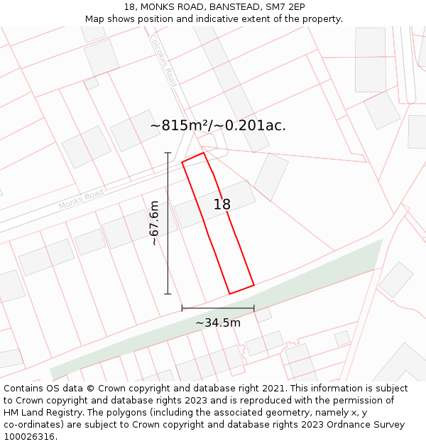 18, MONKS ROAD, BANSTEAD, SM7 2EP: Plot and title map