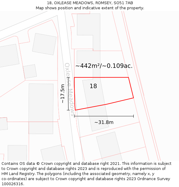 18, OXLEASE MEADOWS, ROMSEY, SO51 7AB: Plot and title map