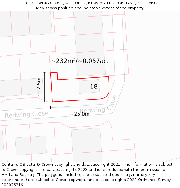 18, REDWING CLOSE, WIDEOPEN, NEWCASTLE UPON TYNE, NE13 6NU: Plot and title map