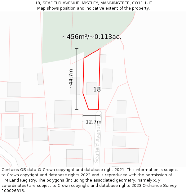 18, SEAFIELD AVENUE, MISTLEY, MANNINGTREE, CO11 1UE: Plot and title map