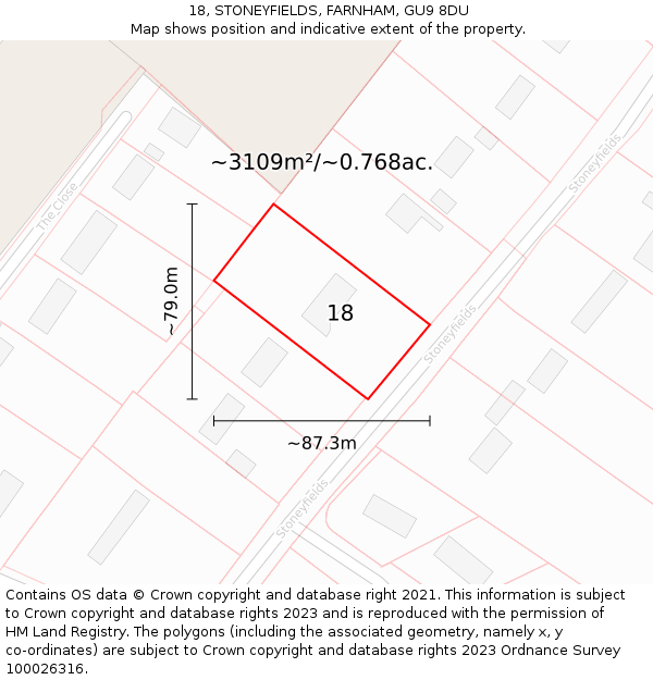 18, STONEYFIELDS, FARNHAM, GU9 8DU: Plot and title map