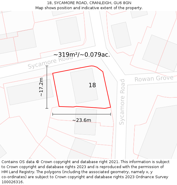 18, SYCAMORE ROAD, CRANLEIGH, GU6 8GN: Plot and title map