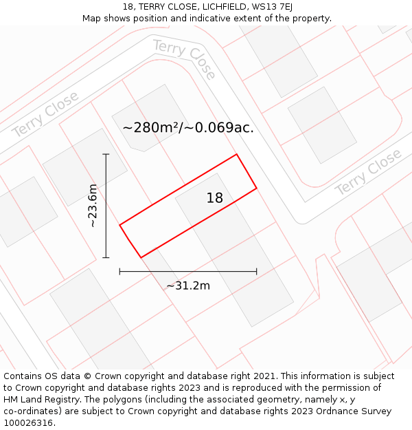 18, TERRY CLOSE, LICHFIELD, WS13 7EJ: Plot and title map